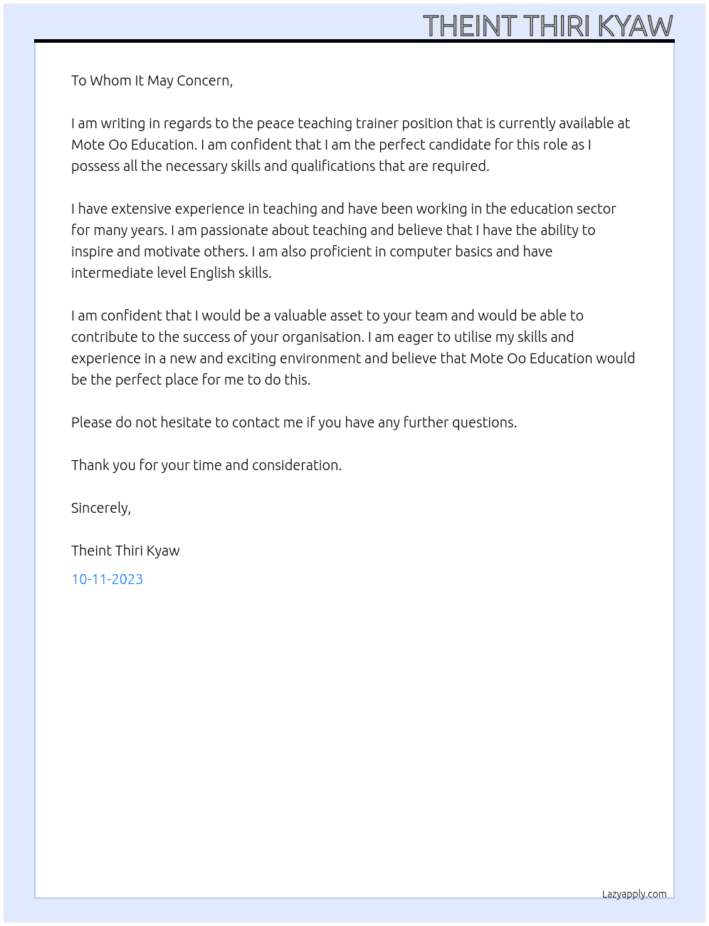 peace teaching trainer  At Mote Oo Education Cover Letter