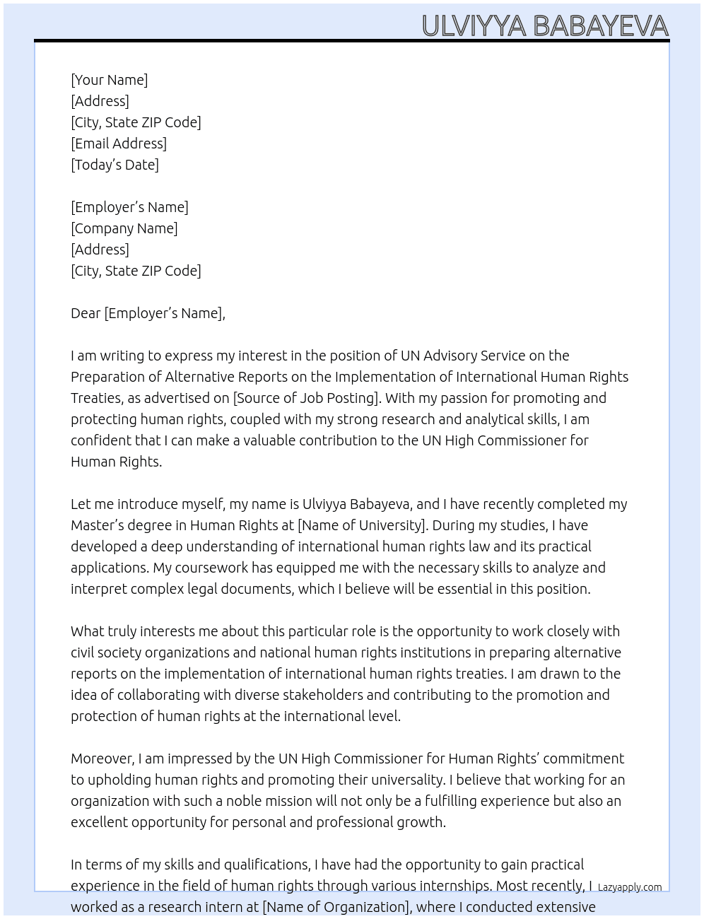 UN advisory service on the preparation of alternative reports on the implementation of international human rights treaties At UN High Commissioner for Human Rights Cover Letter