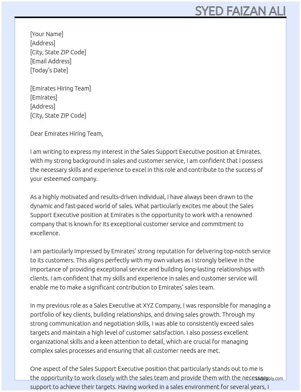 sales support executive At Emirates Cover Letter