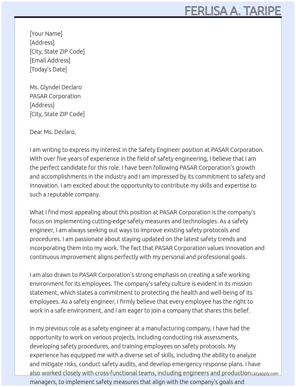safety engineer At PASAR corporation Cover Letter