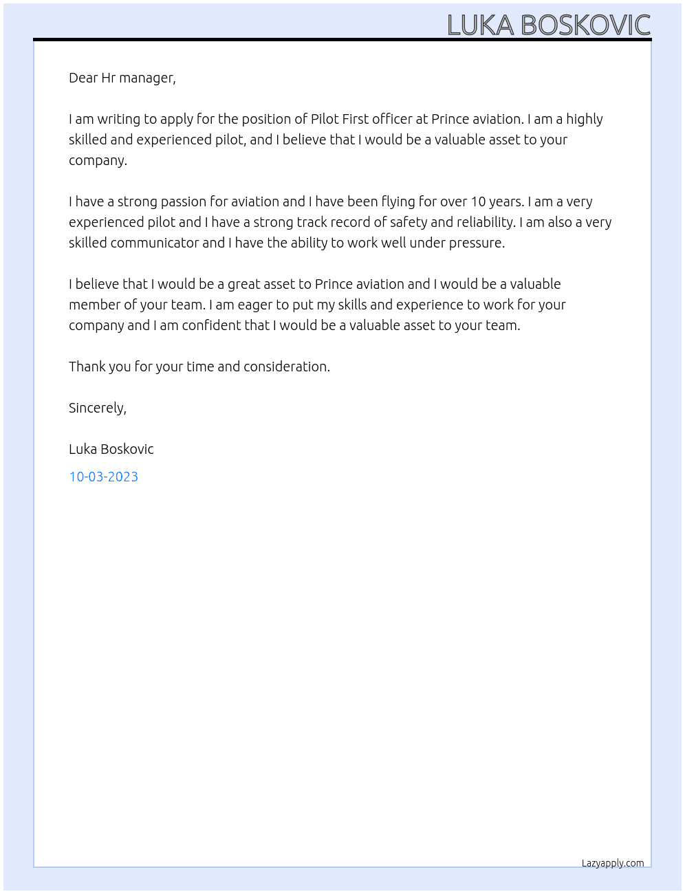 Pilot First officer At Prince aviation Cover Letter
