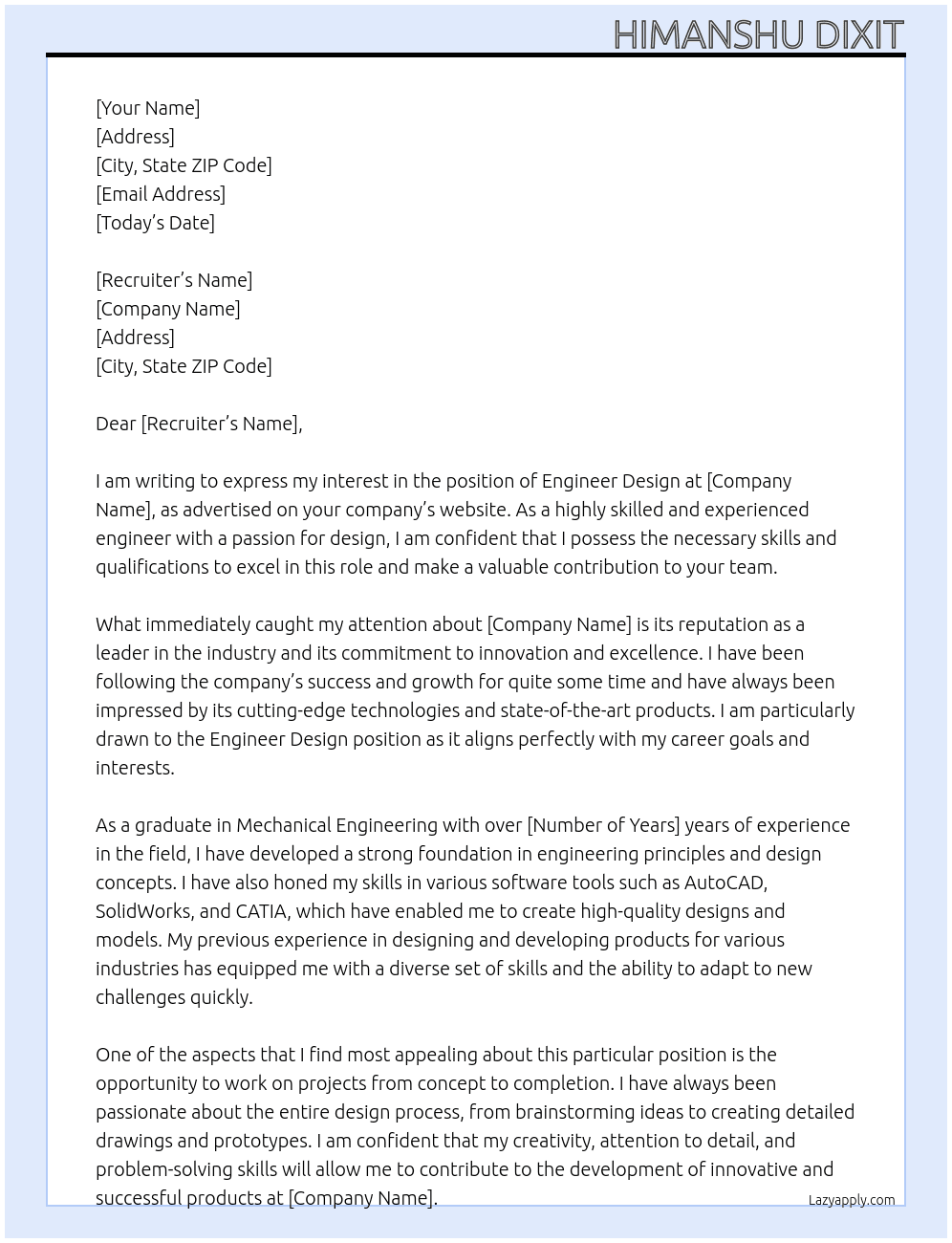 ENGINEER DESIGN At Cover Letter Cover Letter