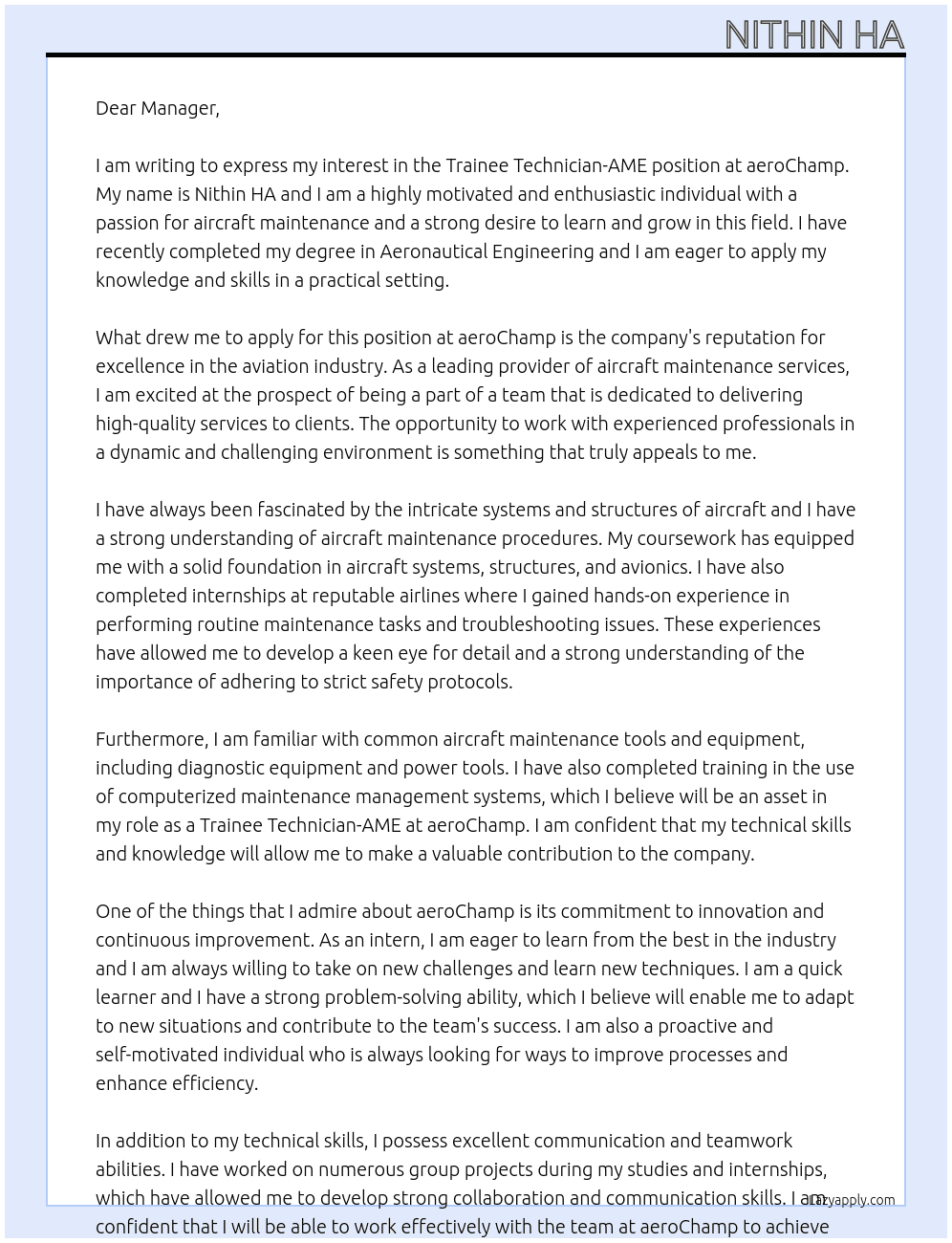 Trainee Technician-AME At aeroChamp Cover Letter