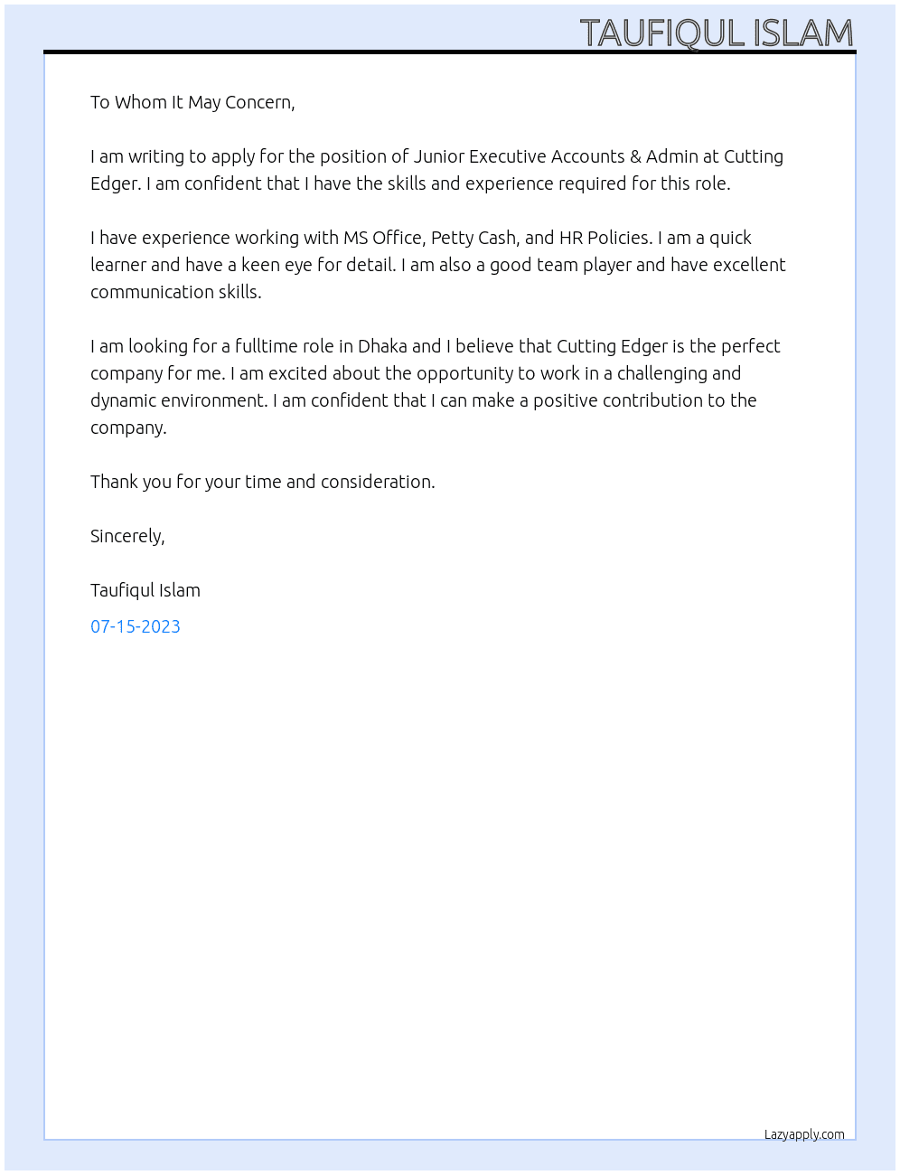 Junior Executive Accounts & Admin At Cutting Edger Cover Letter