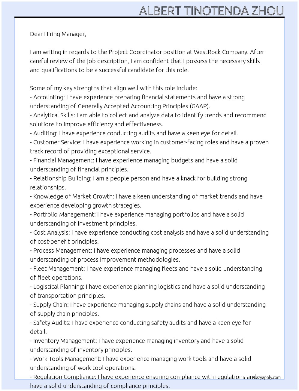 Project Coordinator At WestRock Company Cover Letter