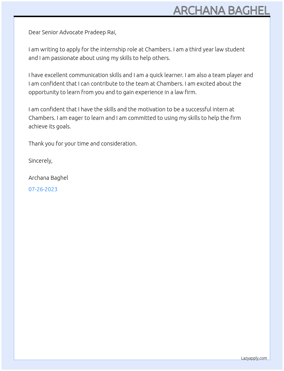 Internship At Chambers Cover Letter