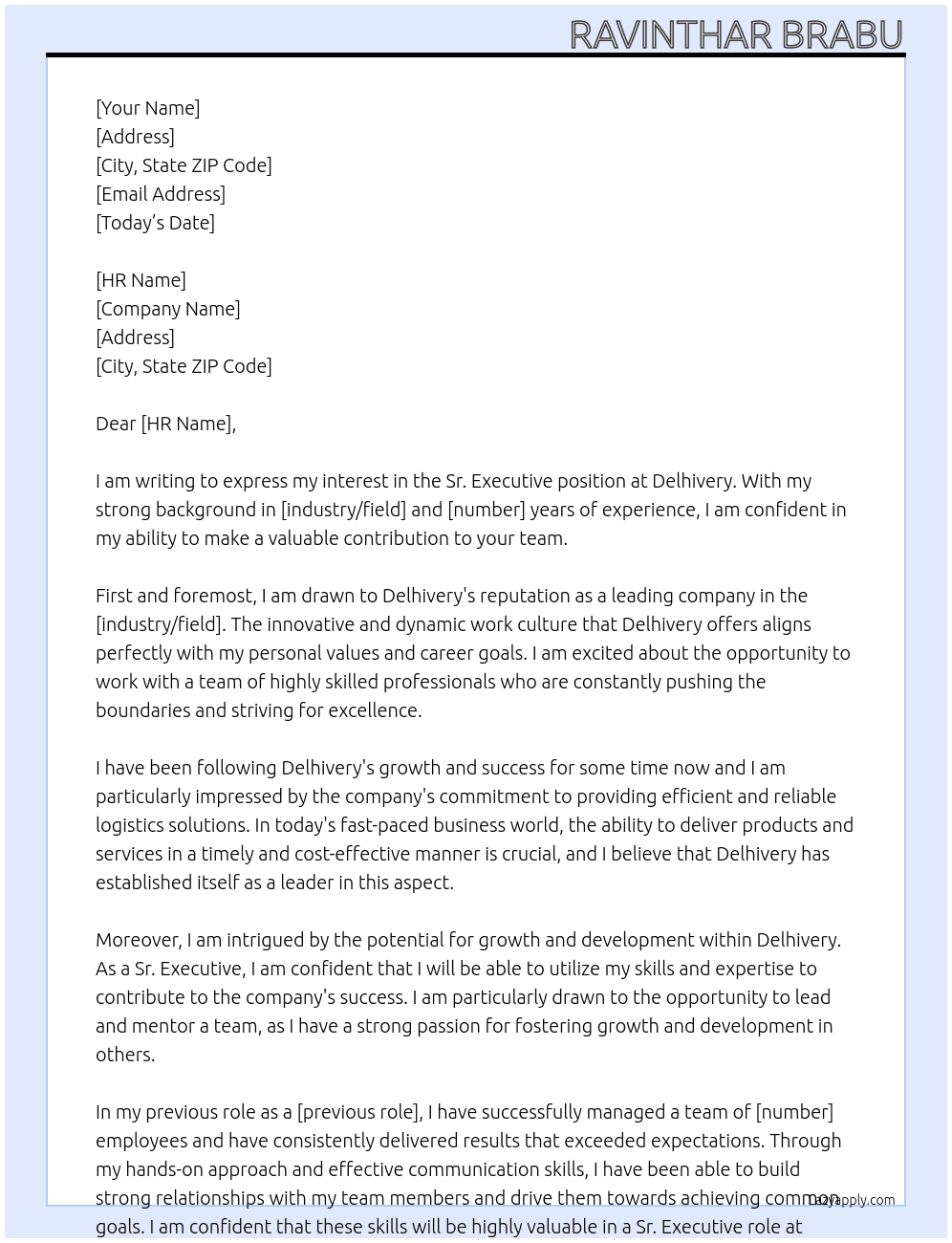 Sr executive  At Delhivery Cover Letter