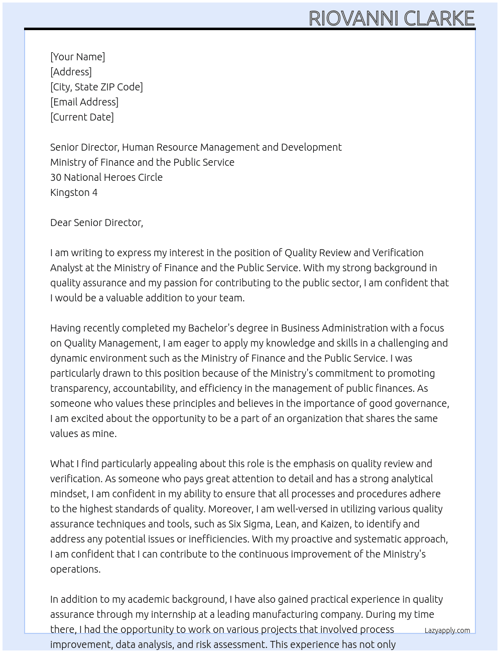 Quality Review and Verification Analyst At Ministry of Finance and the Public Service Cover Letter