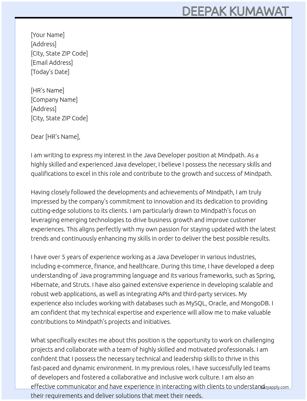 Java developer  At Mindpath Cover Letter