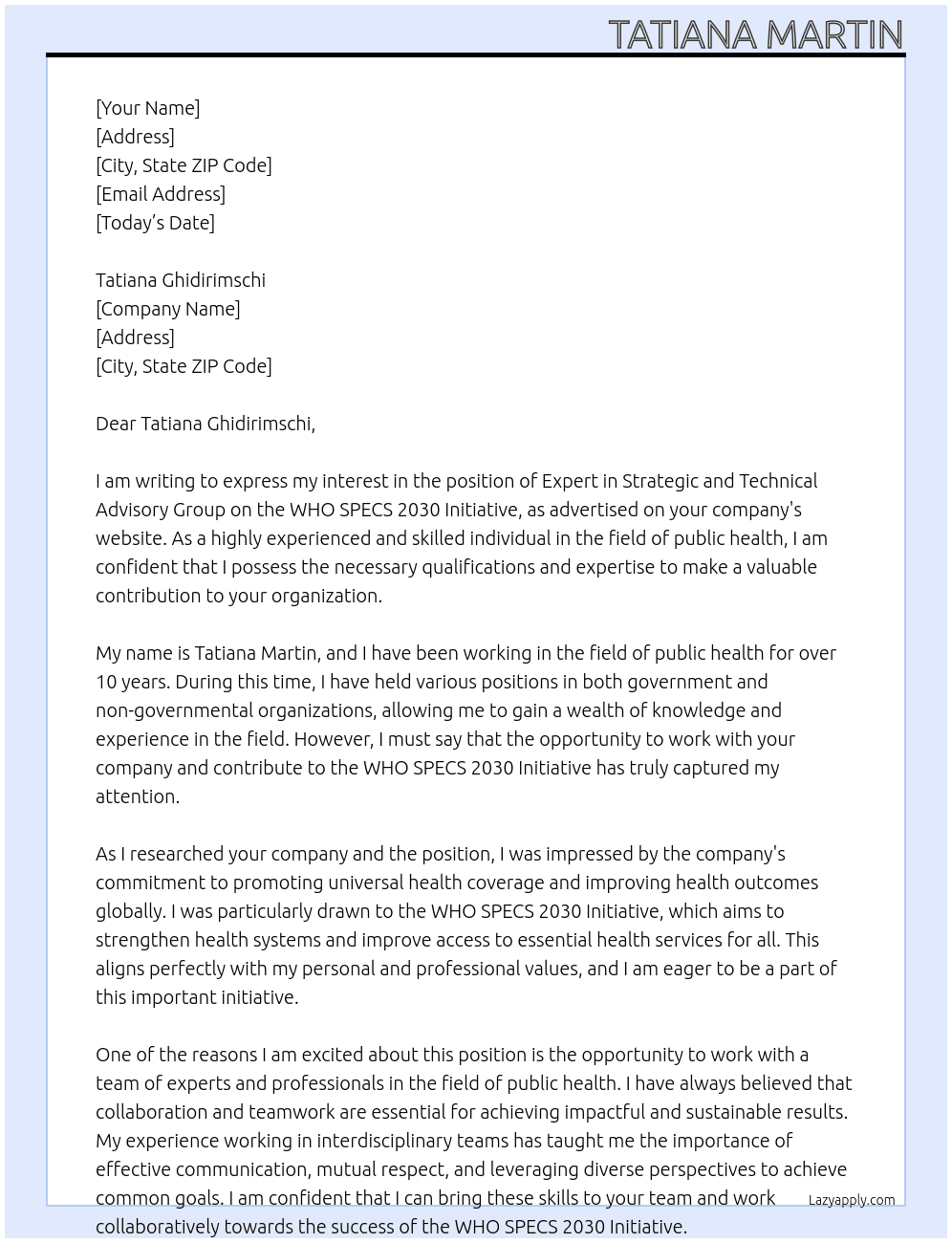 Expert in Strategic and Technical Advisory Group on the WHO SPECS 2030 Initiative At Tatiana Ghidirimschi Cover Letter