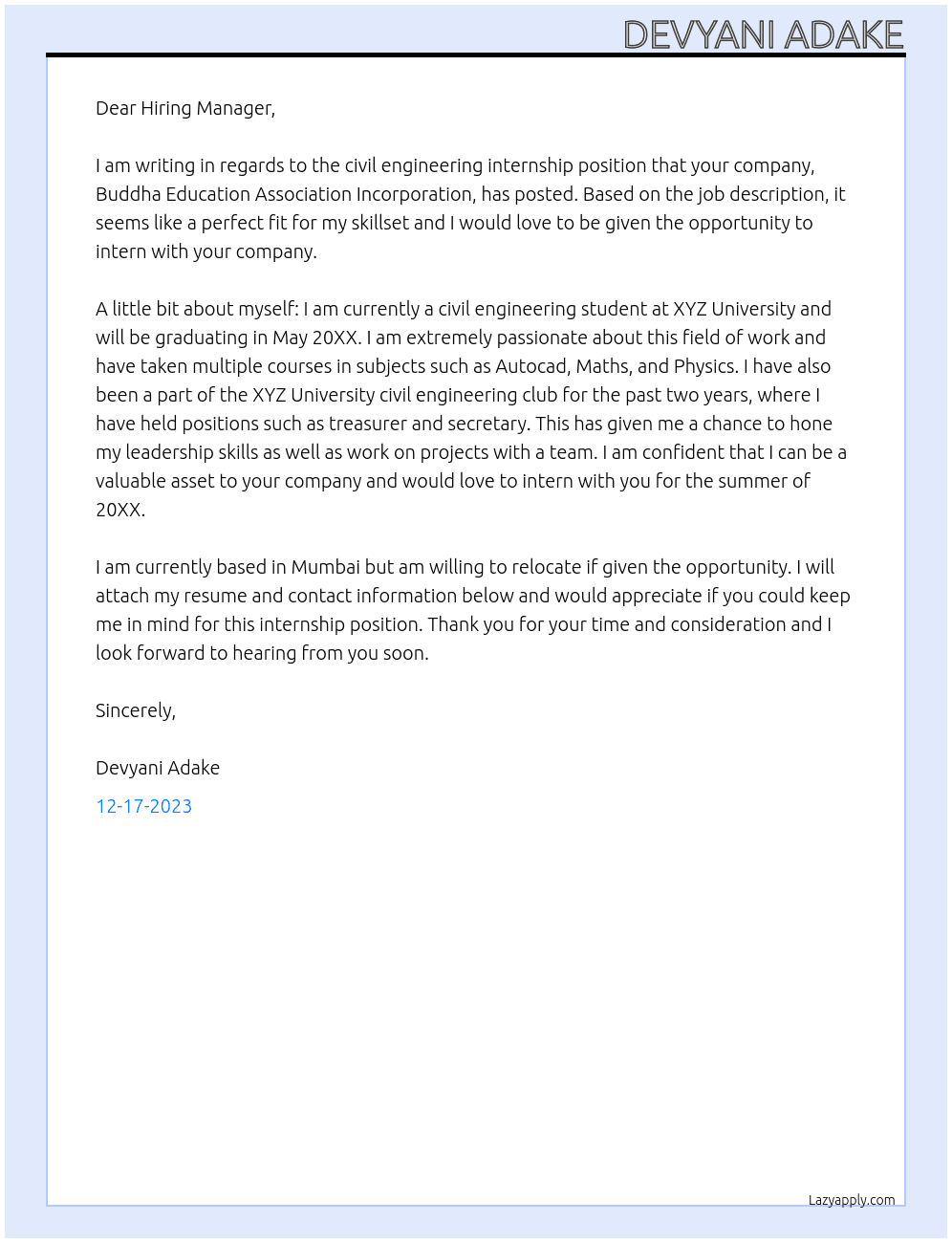 Civil engineering  At Buddha Education Association Incorporation Cover Letter