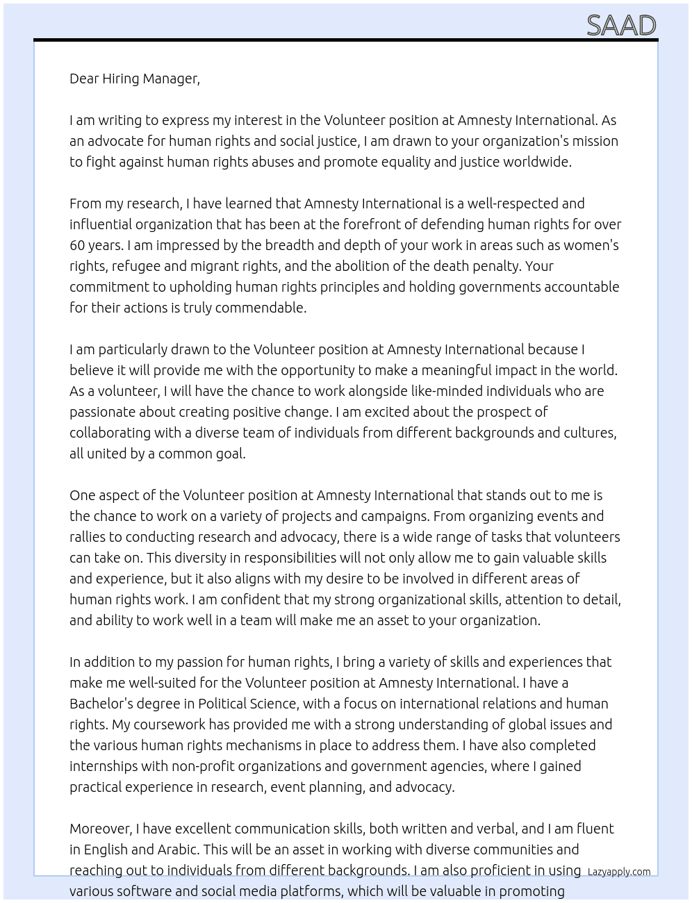 Volunteer At Amnesty international Cover Letter