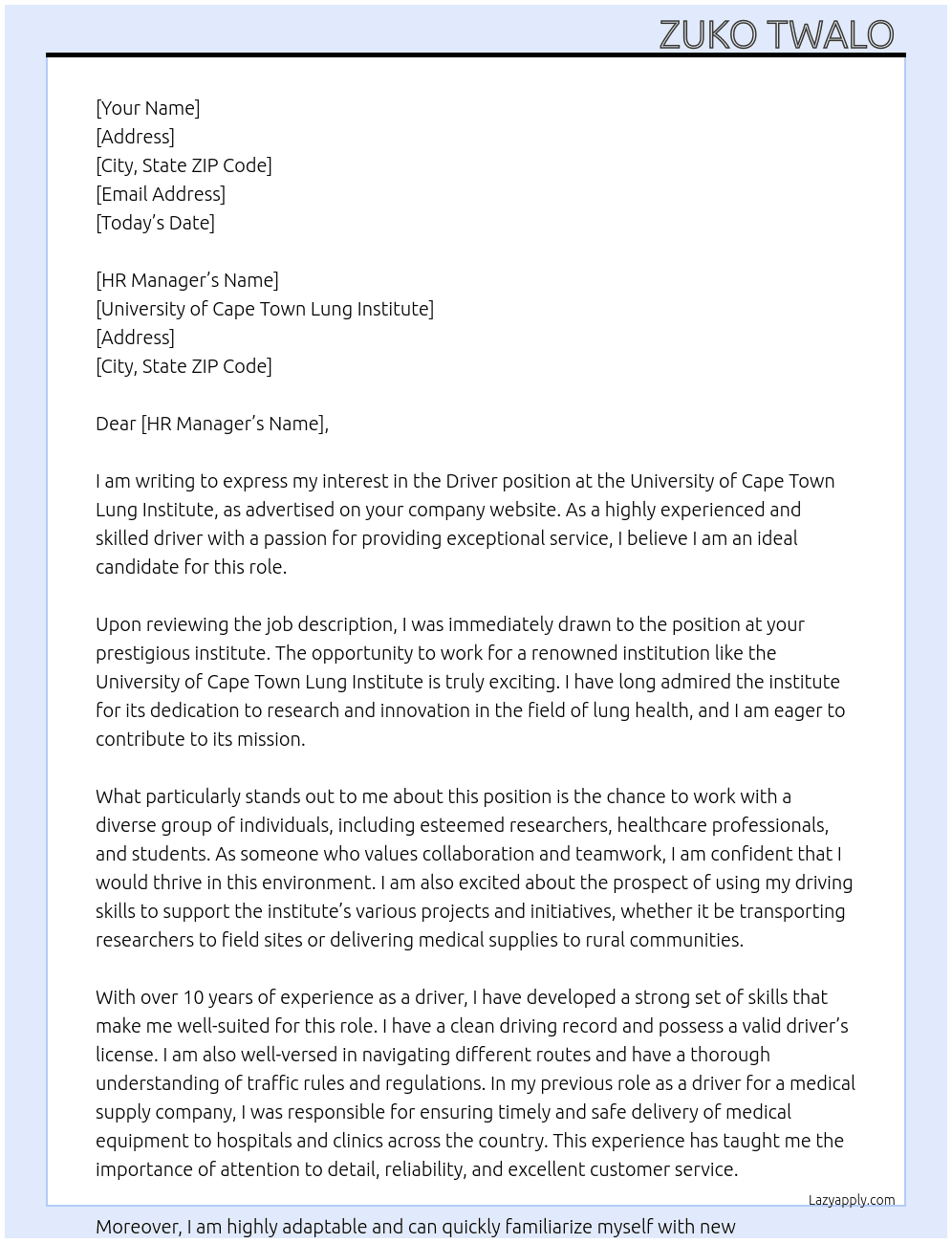 Driver At University of  Cape Town Lung Institute  Cover Letter