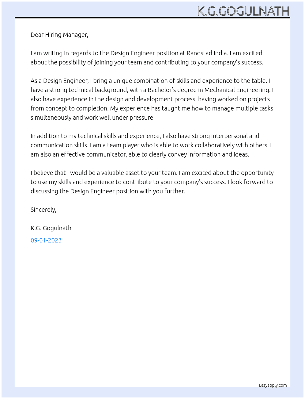 Design Engineer At Randstad India Cover Letter