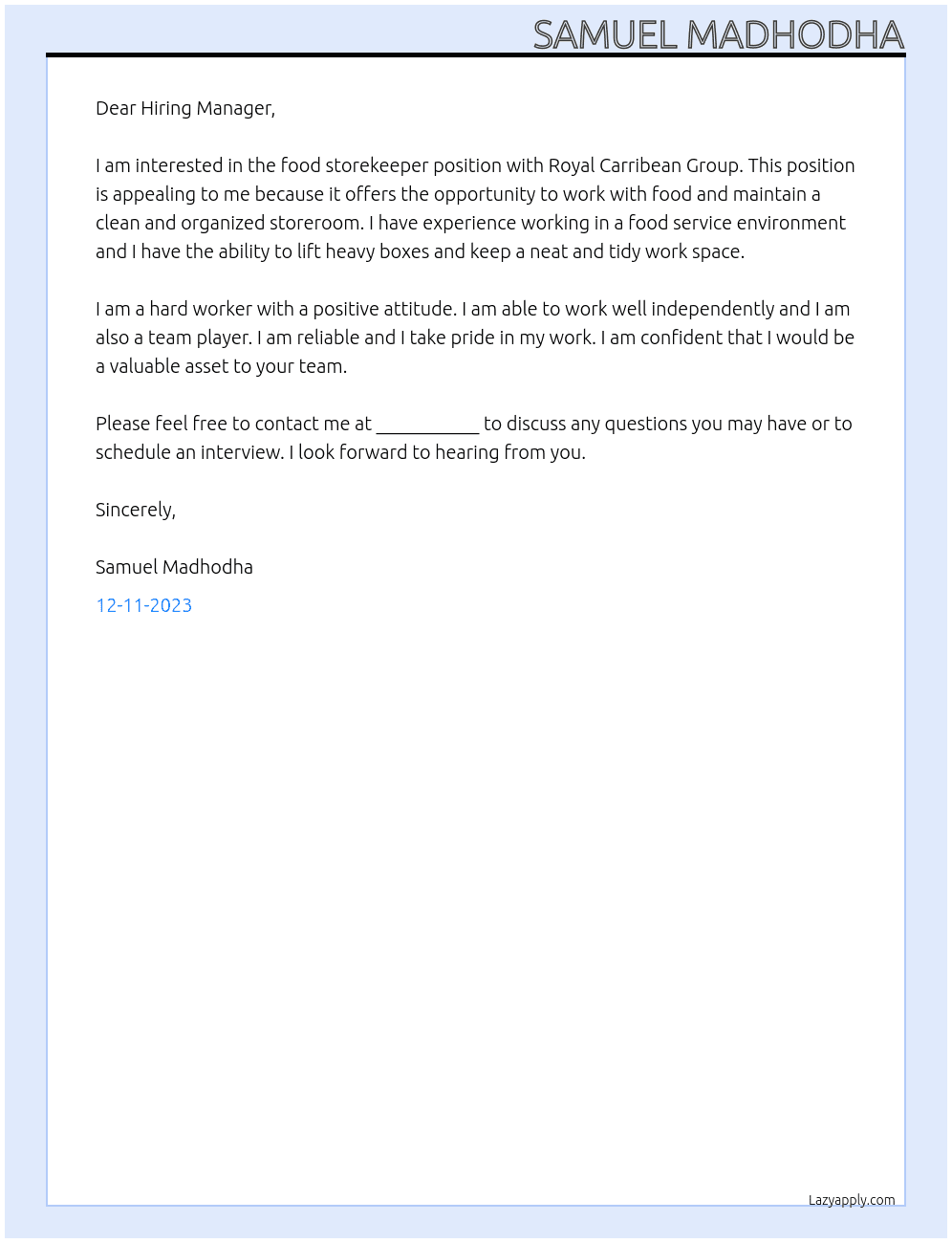 Food Storekeeper At Royal Carribean Group Cover Letter