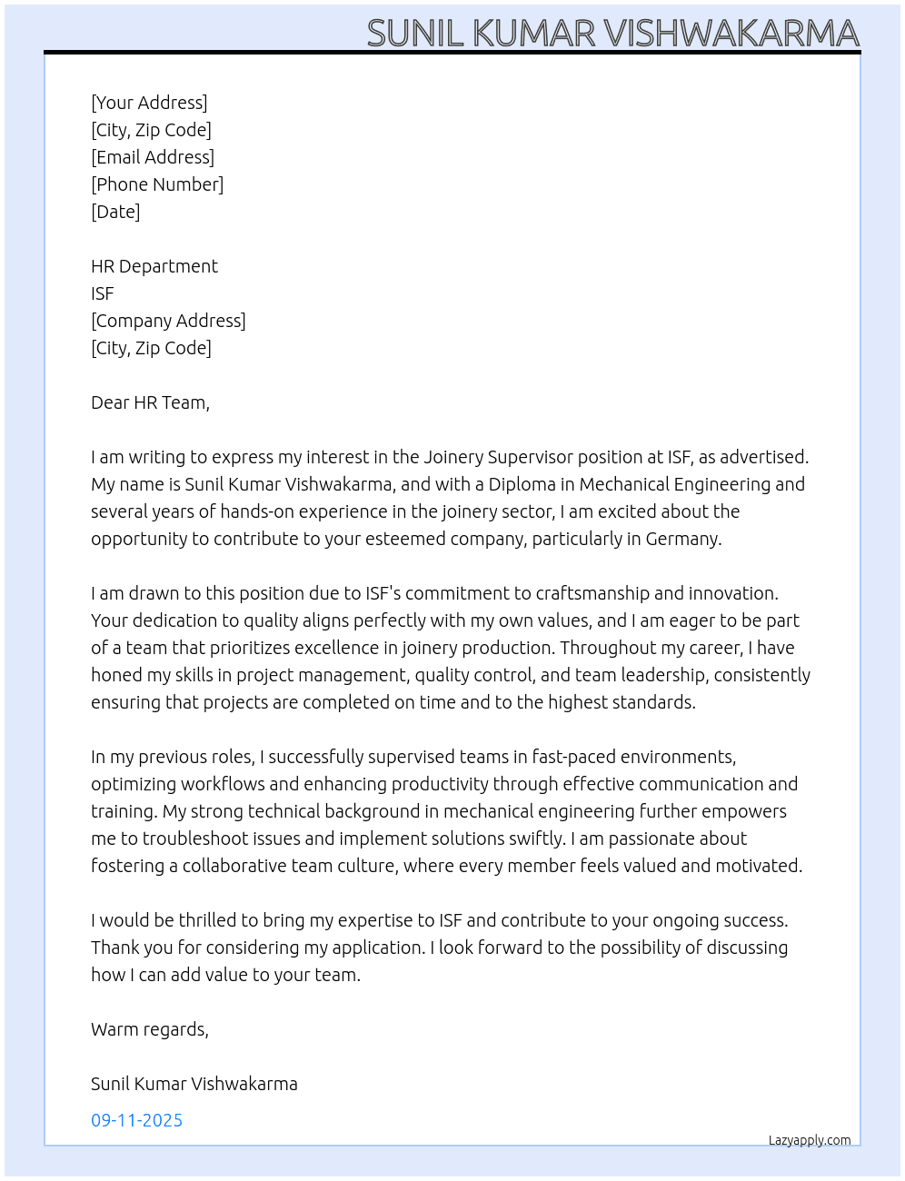Joinery Supervisor  At ISF Cover Letter