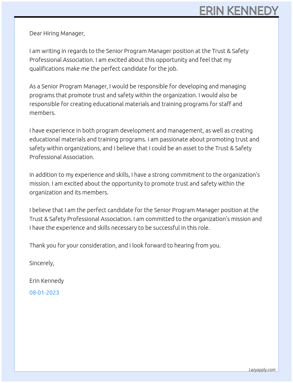 Senior Program Manager At Trust & Safety Professional Association Cover Letter