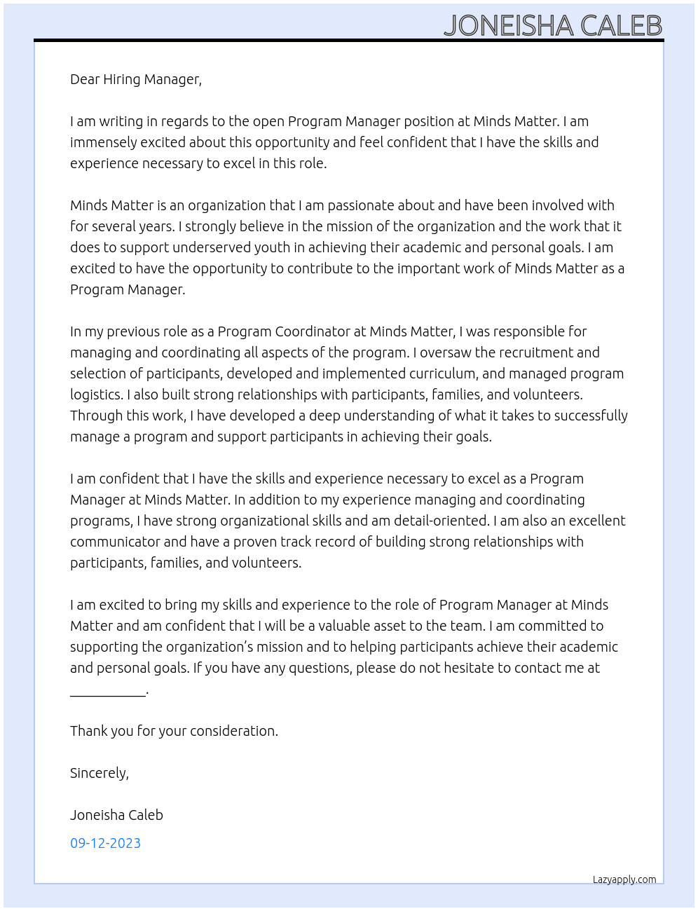 Program Manager At Minds Matter Cover Letter
