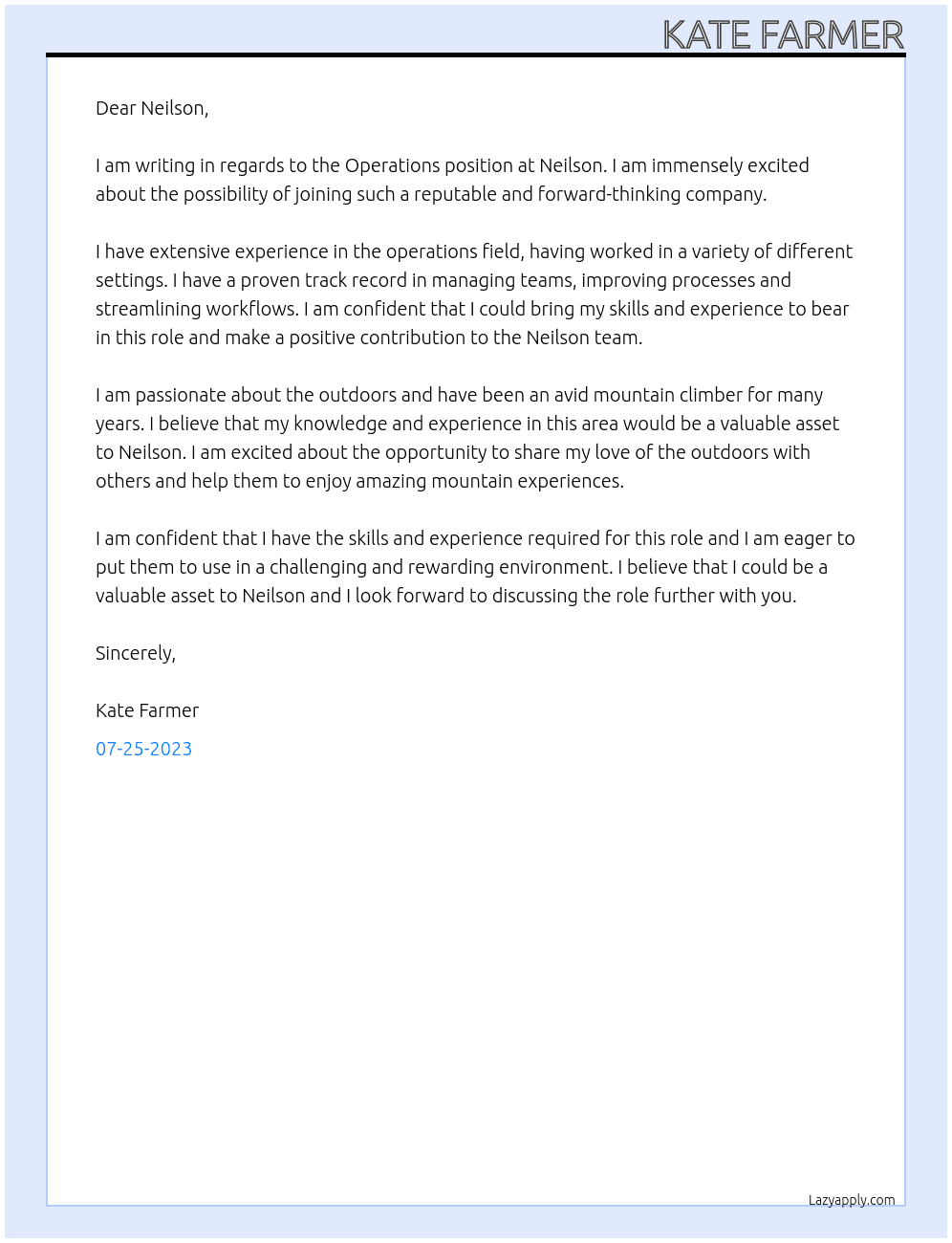Neilson Mountain Expert Rep At Neilson Cover Letter