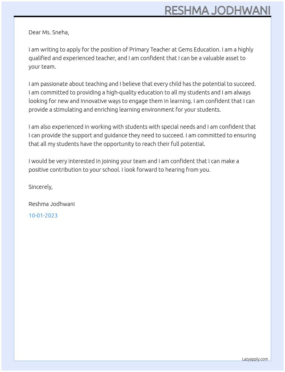 Primary Teacher  At Gems Education  Cover Letter