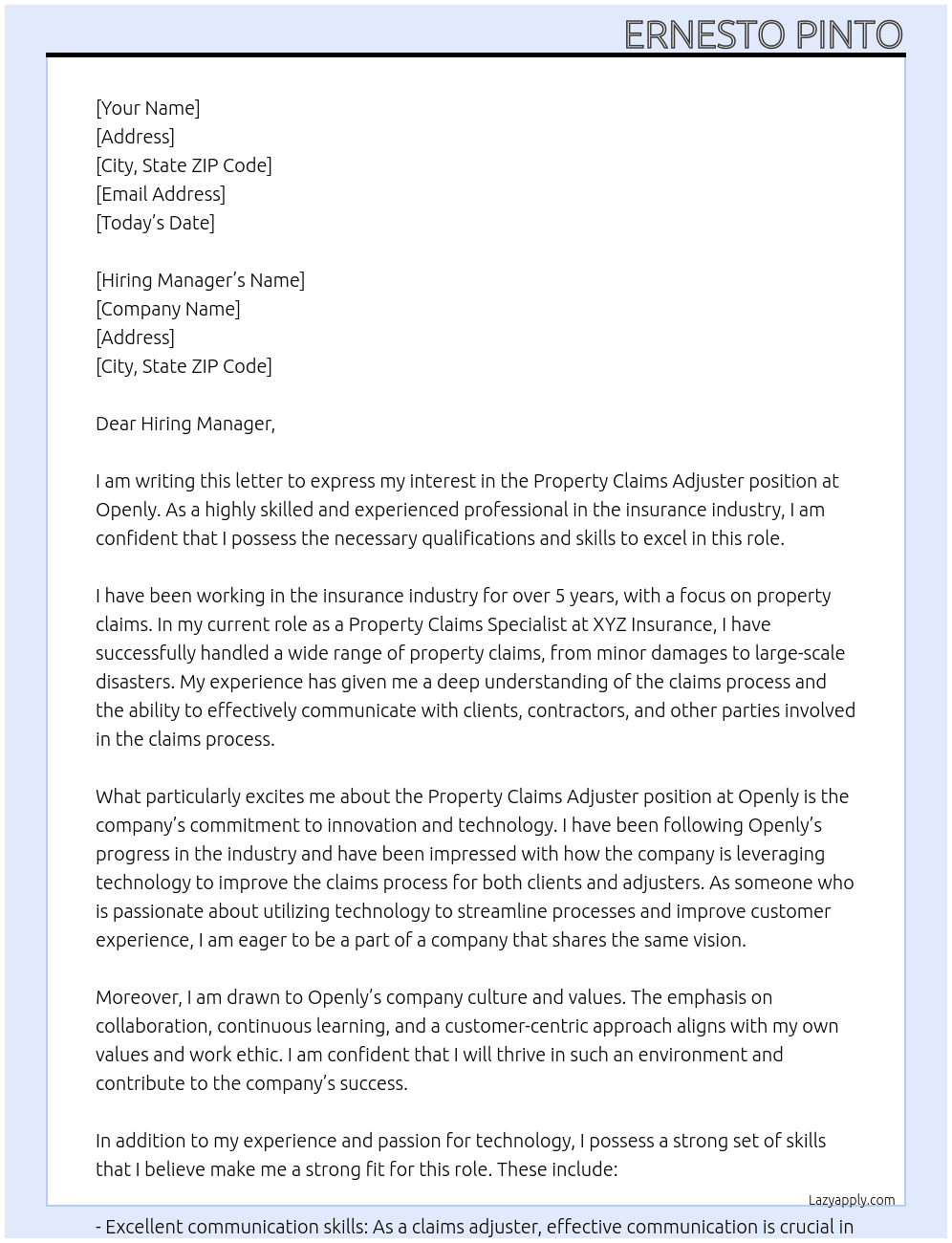 Property Claims Adjuster At Openly Cover Letter