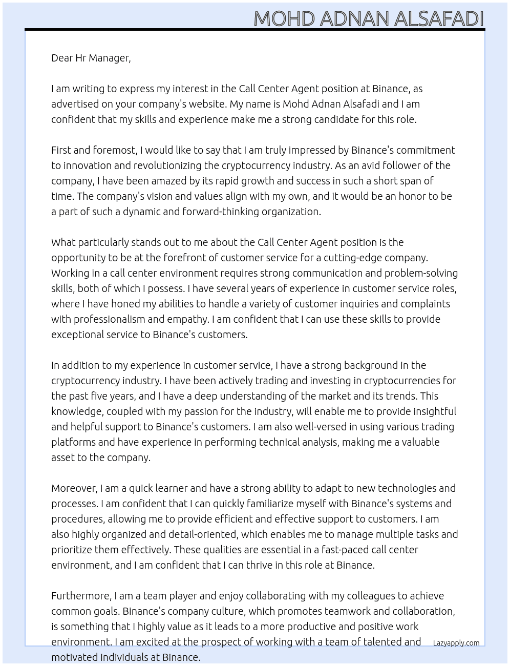 call center agent At Binance  Cover Letter