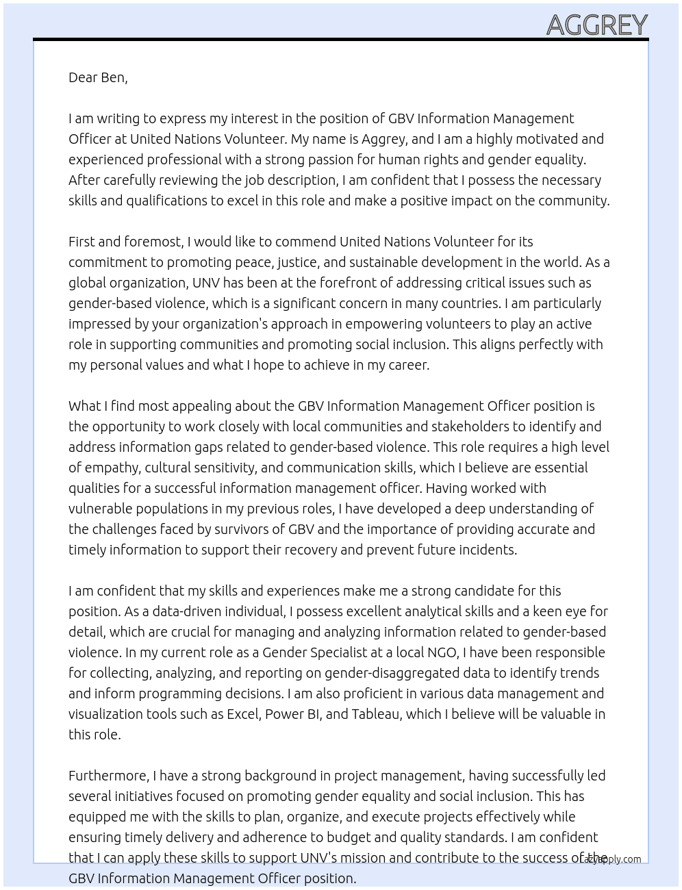 GBV Information Management Officer At united nations volunteer Cover Letter