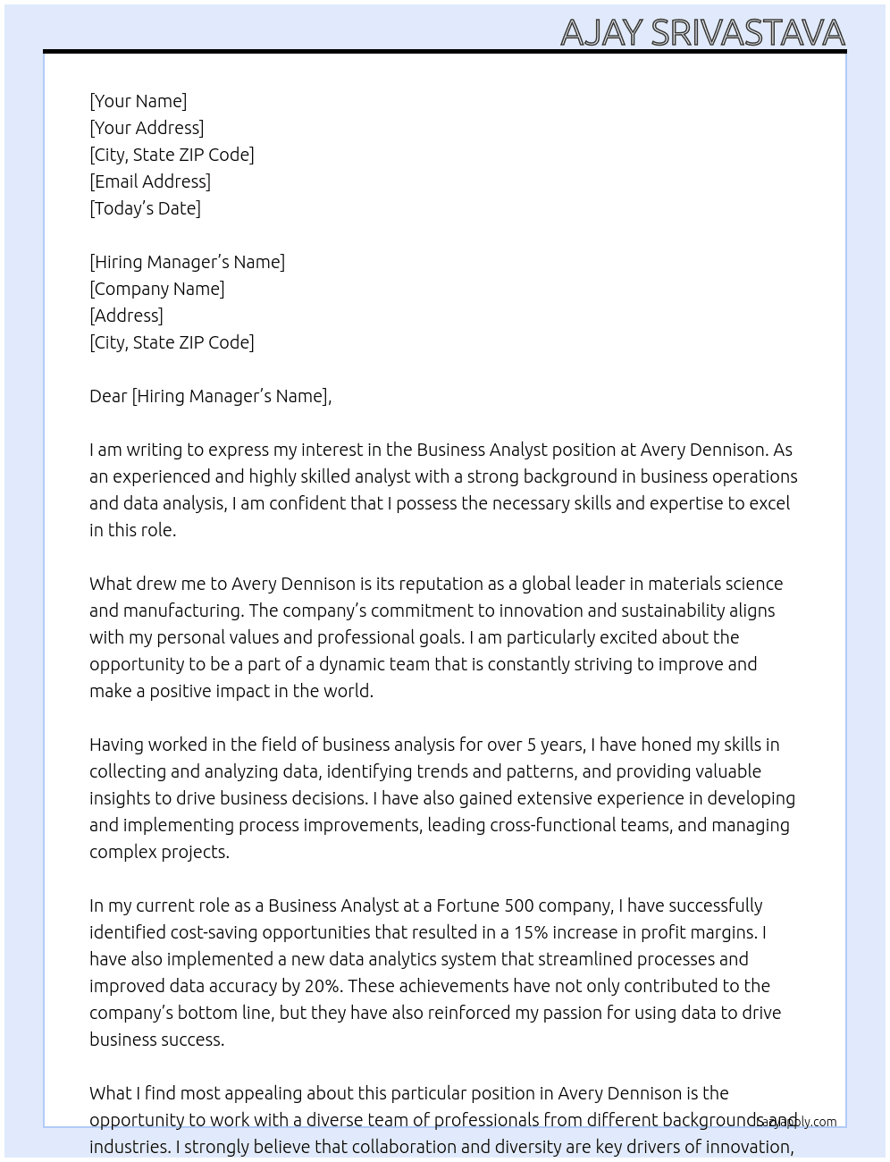 Business Analyst At Avery Dennison Cover Letter