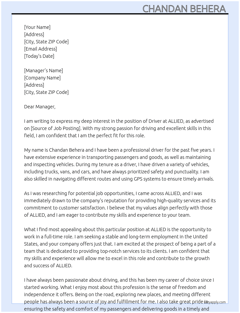 Driver  At ALLIED Cover Letter