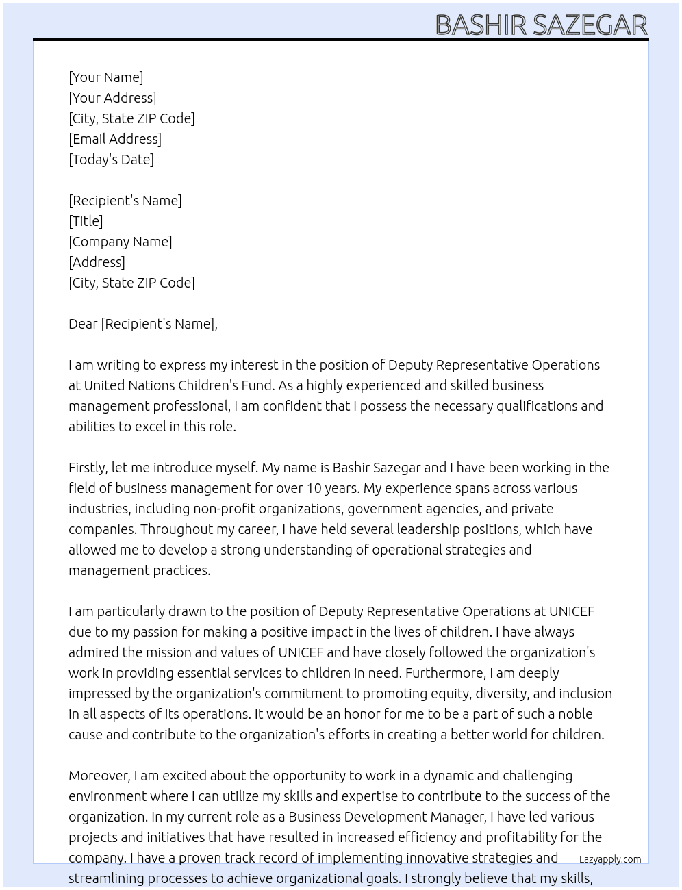 Deputy Representative Operations At  United Nations Children's Fund Cover Letter