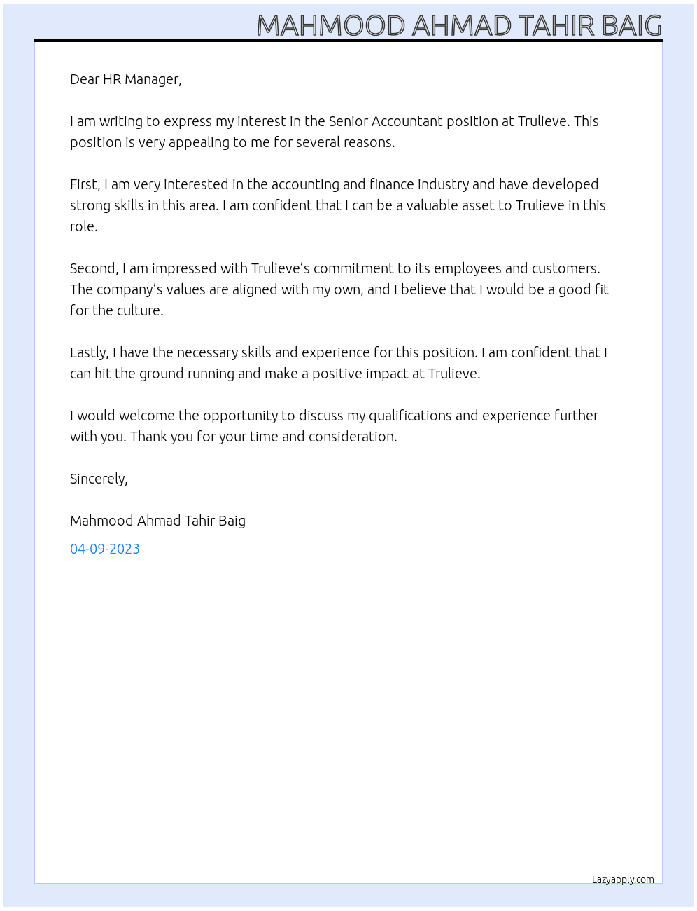 Senior Accountant At Trulieve Cover Letter