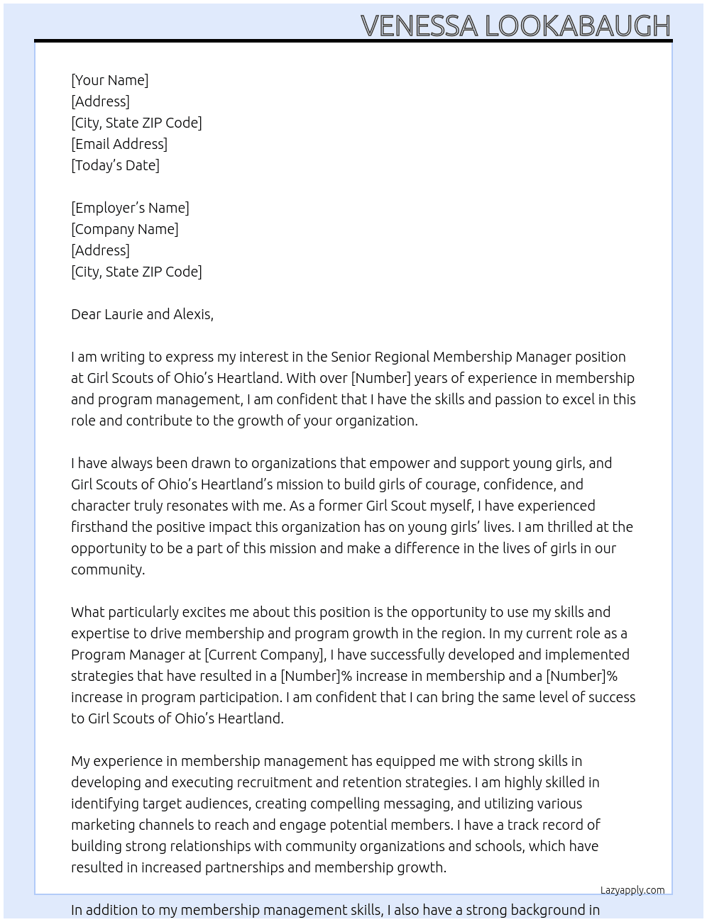 Senior regional membership manager At Girl Scouts of Ohio’s Heartland Cover Letter