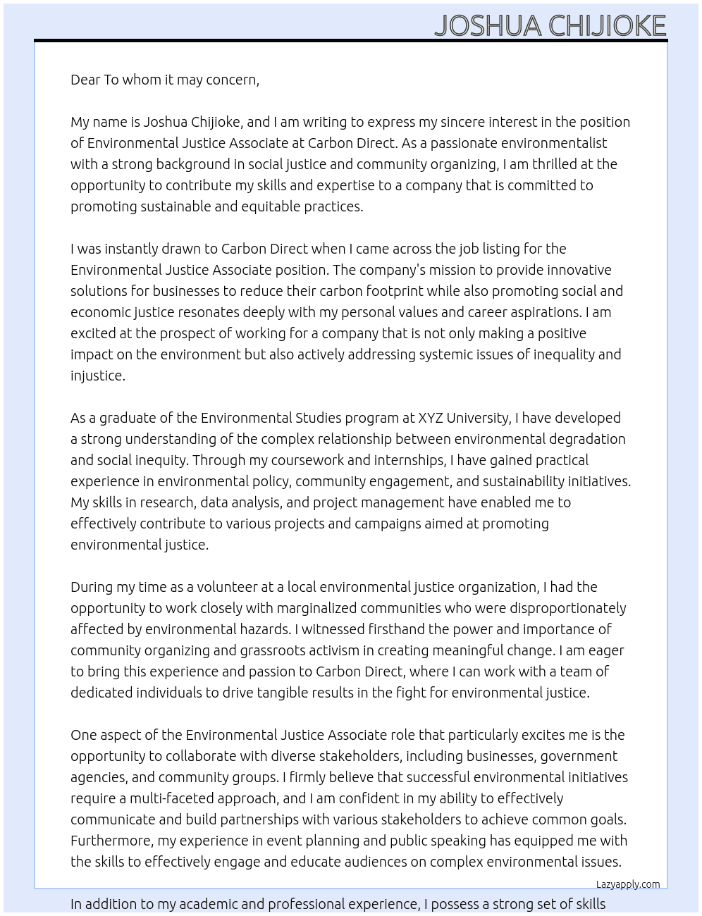 Environmental Justice Associate At Carbon Direct Cover Letter