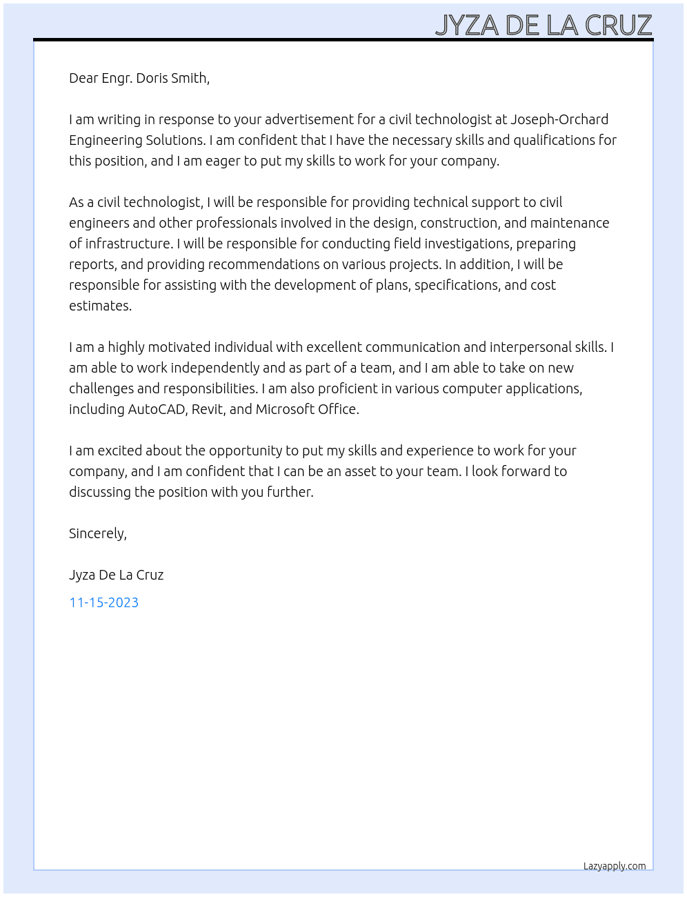Civil technologist At Joseph-Orchard Engineering Solutions Cover Letter
