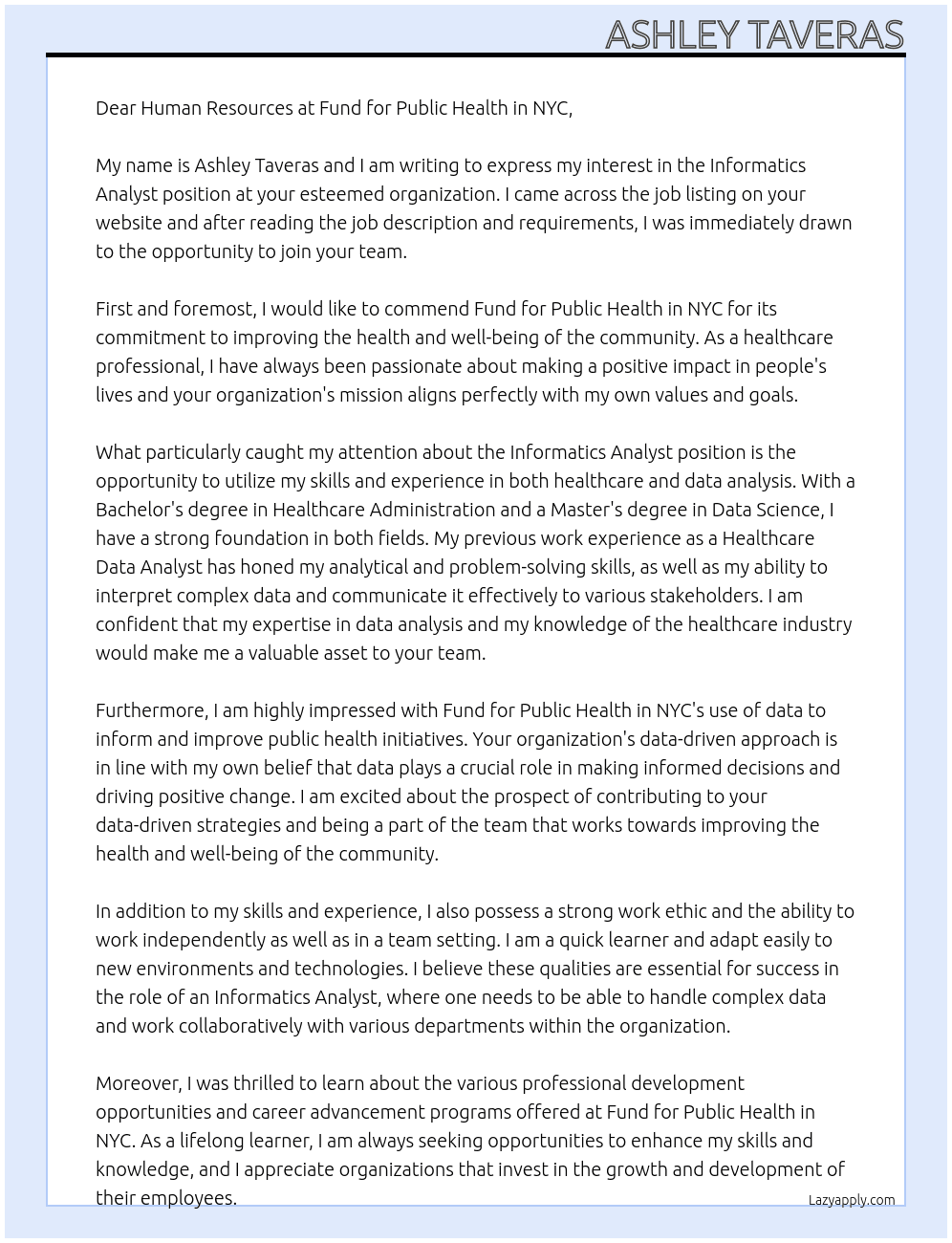 Informatics Analyst At Fund for Public Health in NYC Cover Letter