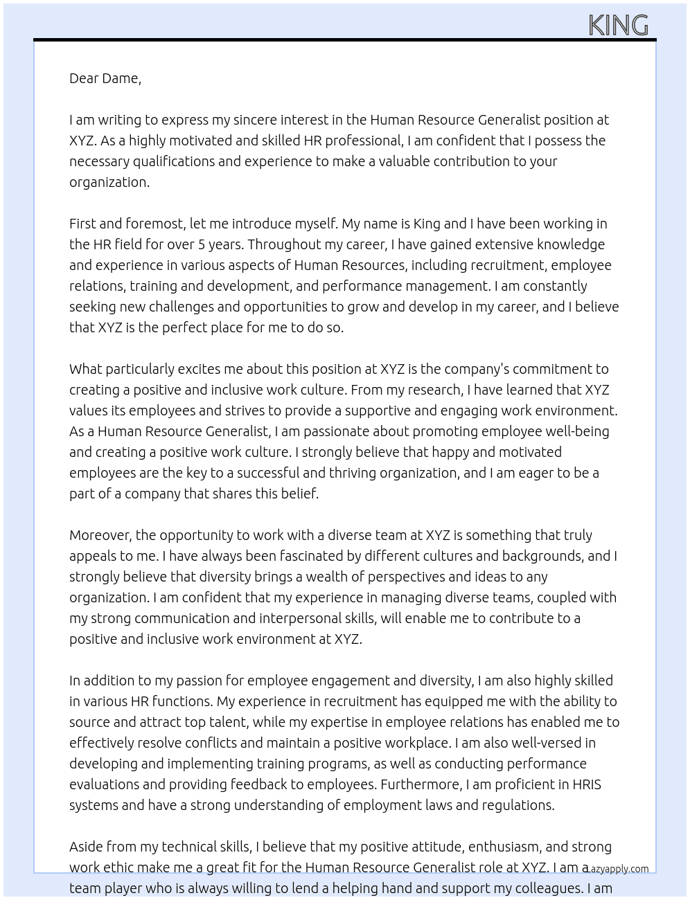 Human Resource Generalist  At Xyz Cover Letter