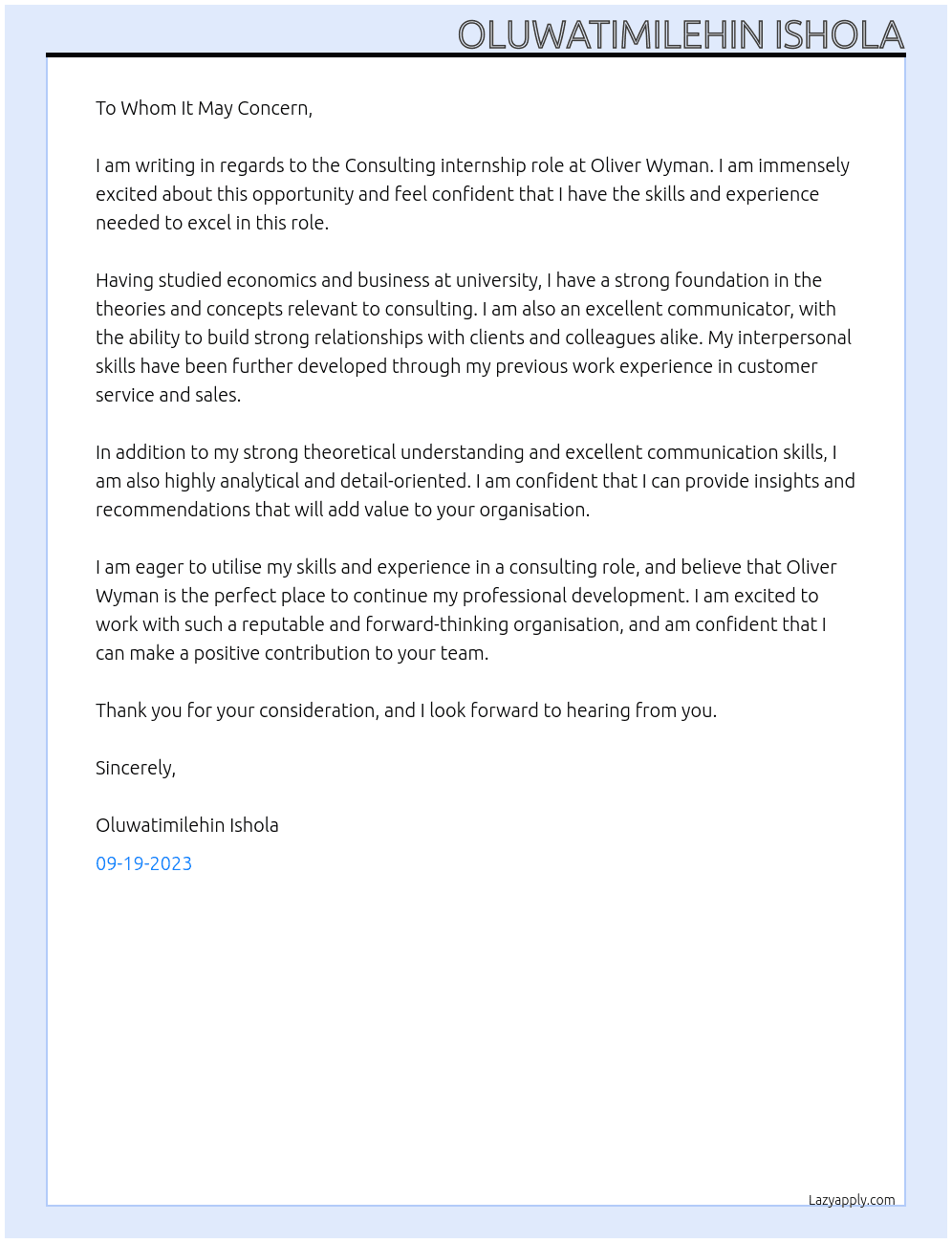 Consulting At Oliver Wyman Cover Letter