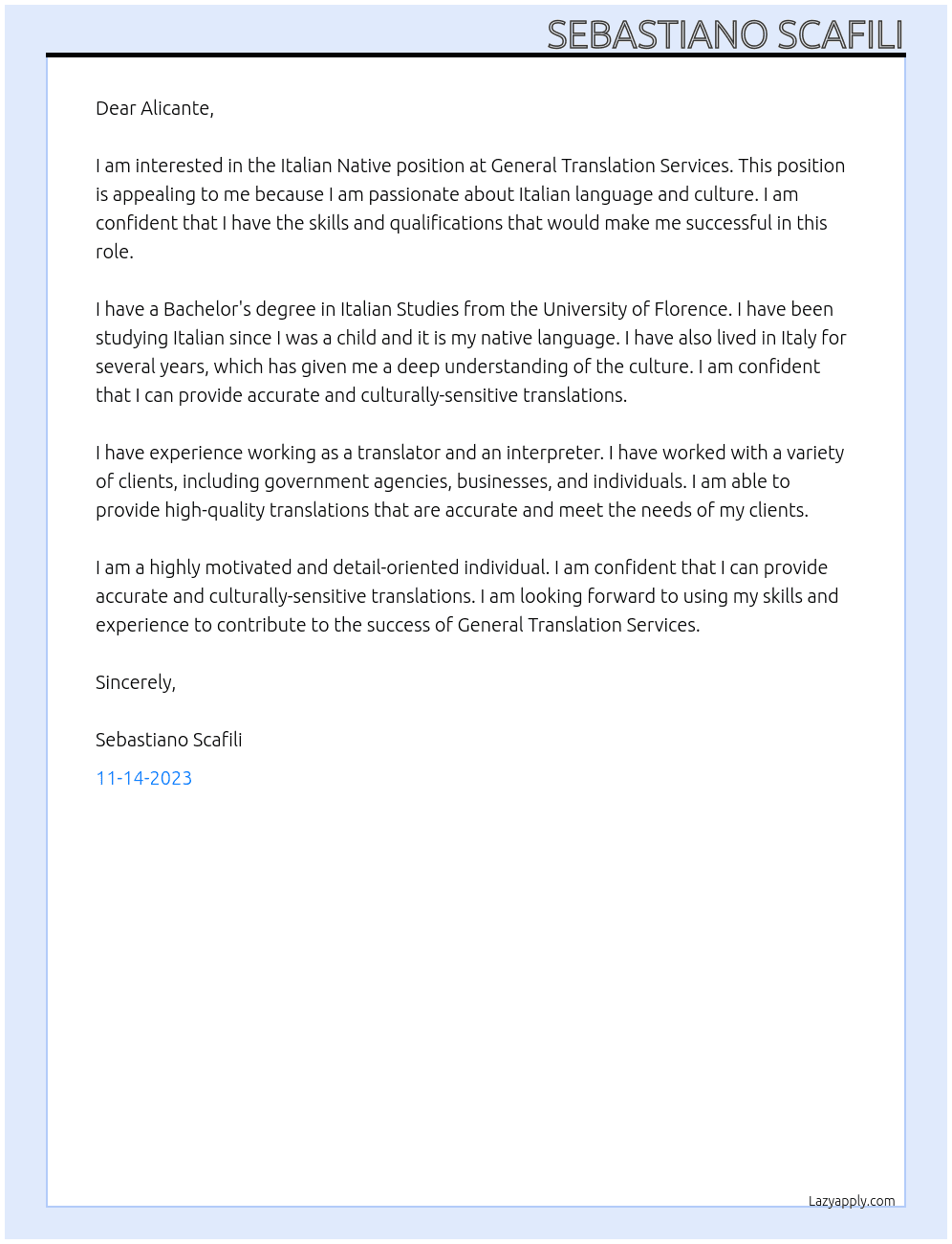Italian Native At General Translation Services Cover Letter