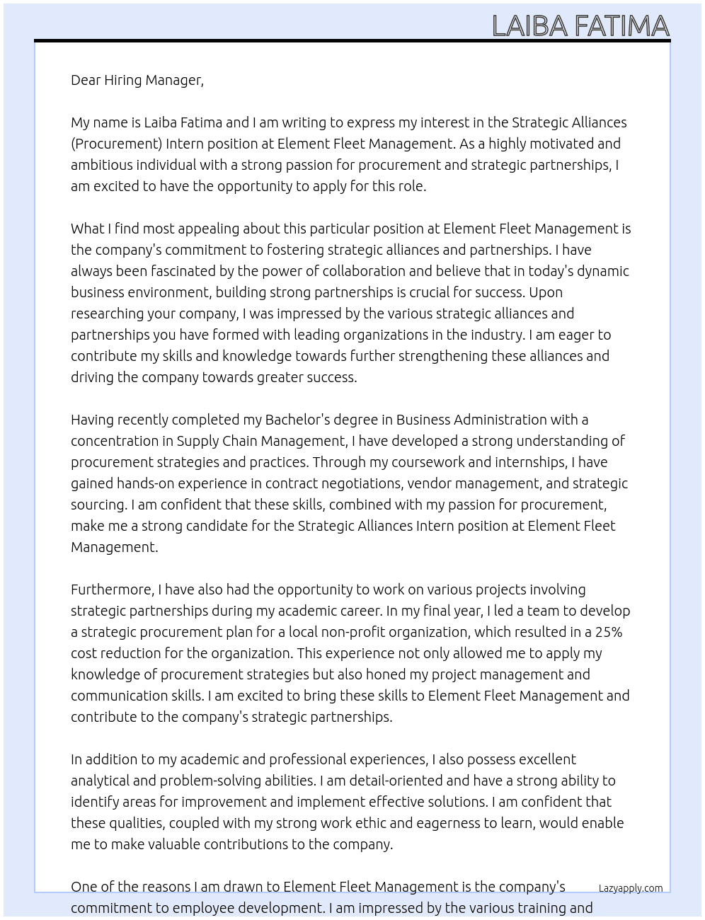 Strategic Alliances (Procurement) Intern At Element Fleet Management Cover Letter