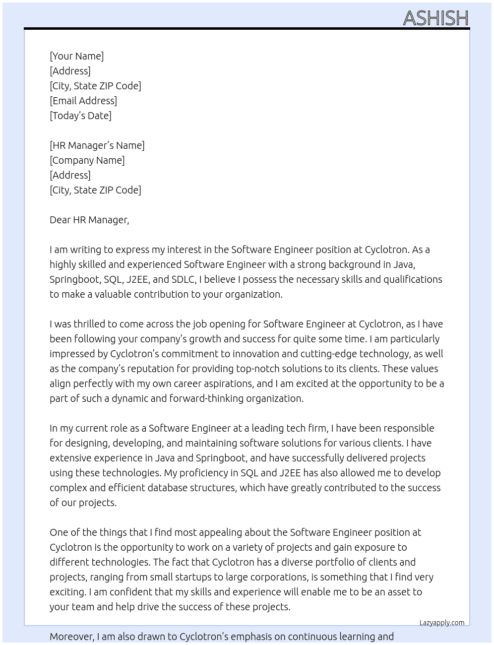 Software Engineer  At Cyclotron Cover Letter