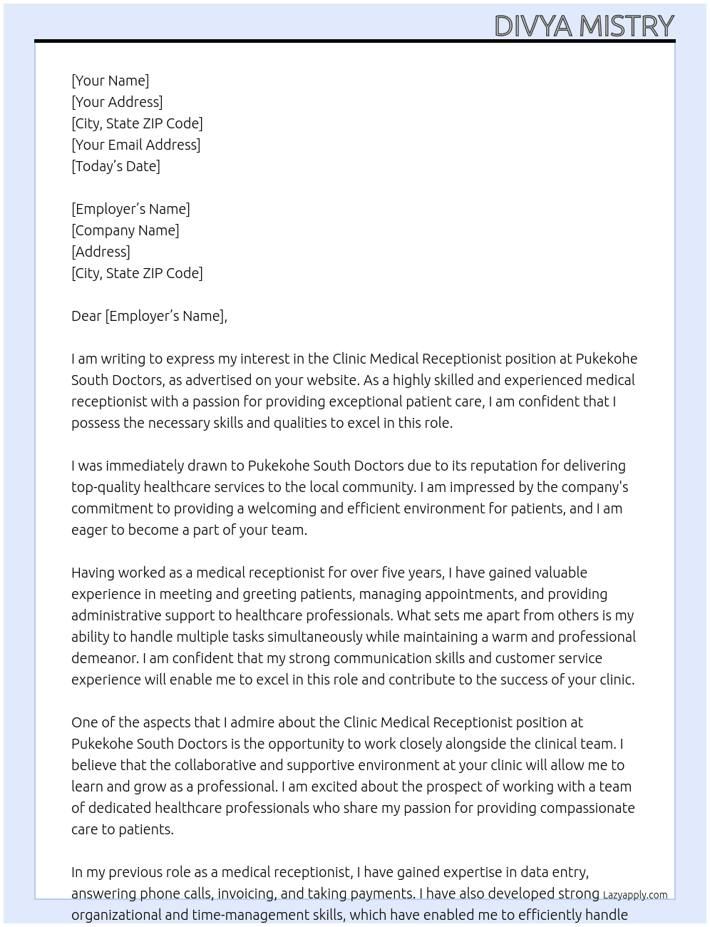 Clinic Medical Receptionist At Pukekohe South Doctors Cover Letter