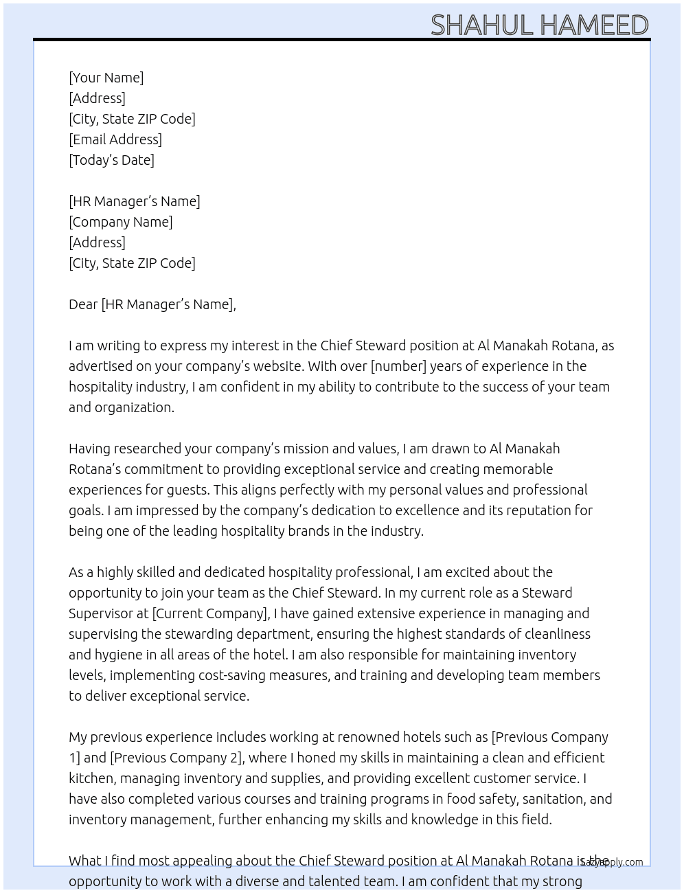 Chief steward At Al manakah Rotana Cover Letter