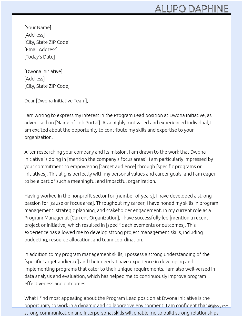 Program Lead  At Dwona Initiative  Cover Letter