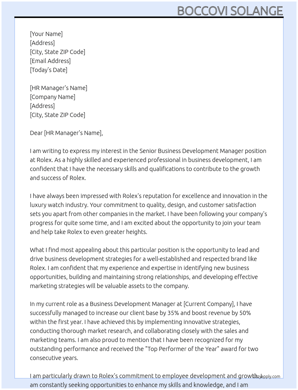 Senior Business Development manager At Rolex Cover Letter