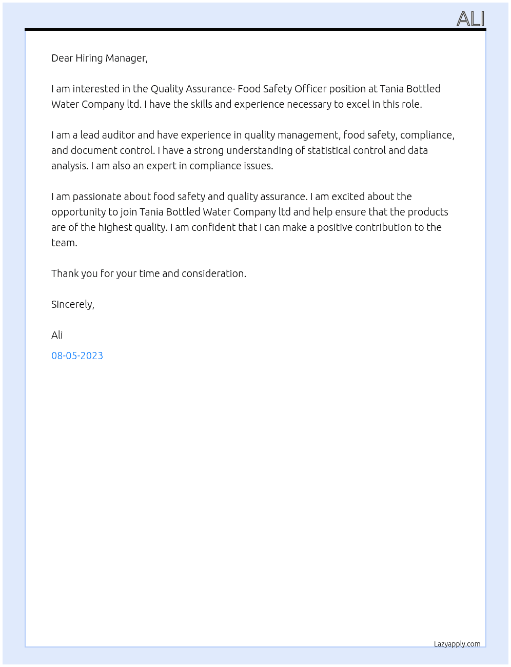 Quality Assurance- Food Safety Officer At Tania Bottled Water Company ltd. Cover Letter