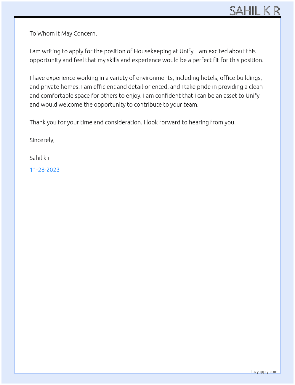 Housekeeping  At Unify Cover Letter