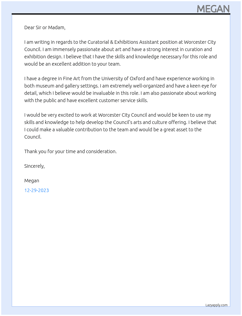 Curatorial & Exhibitions Assistant At Worcester City Council Cover Letter