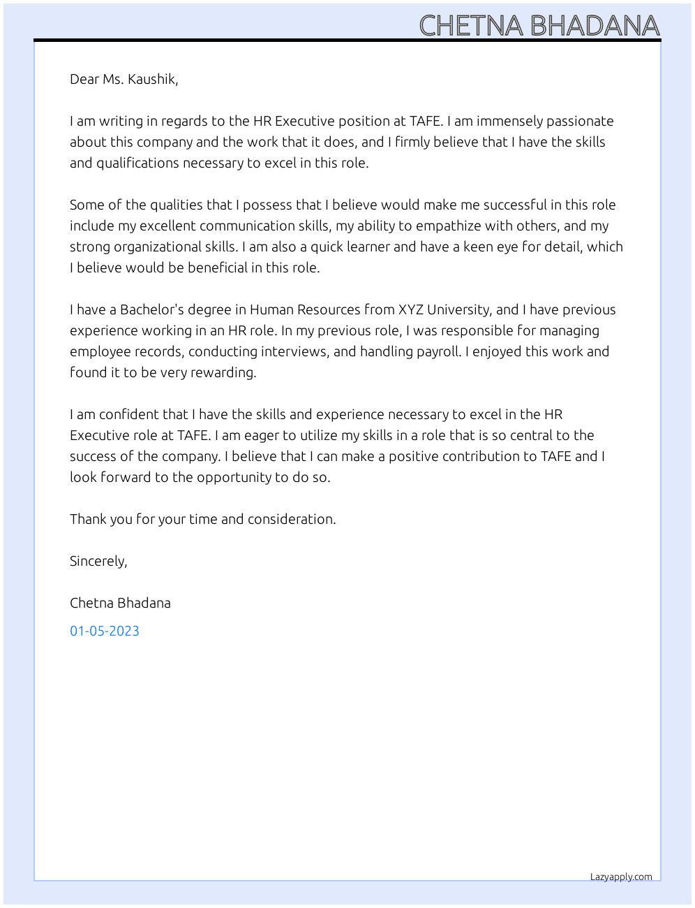Hr Executive  At TAFE Cover Letter