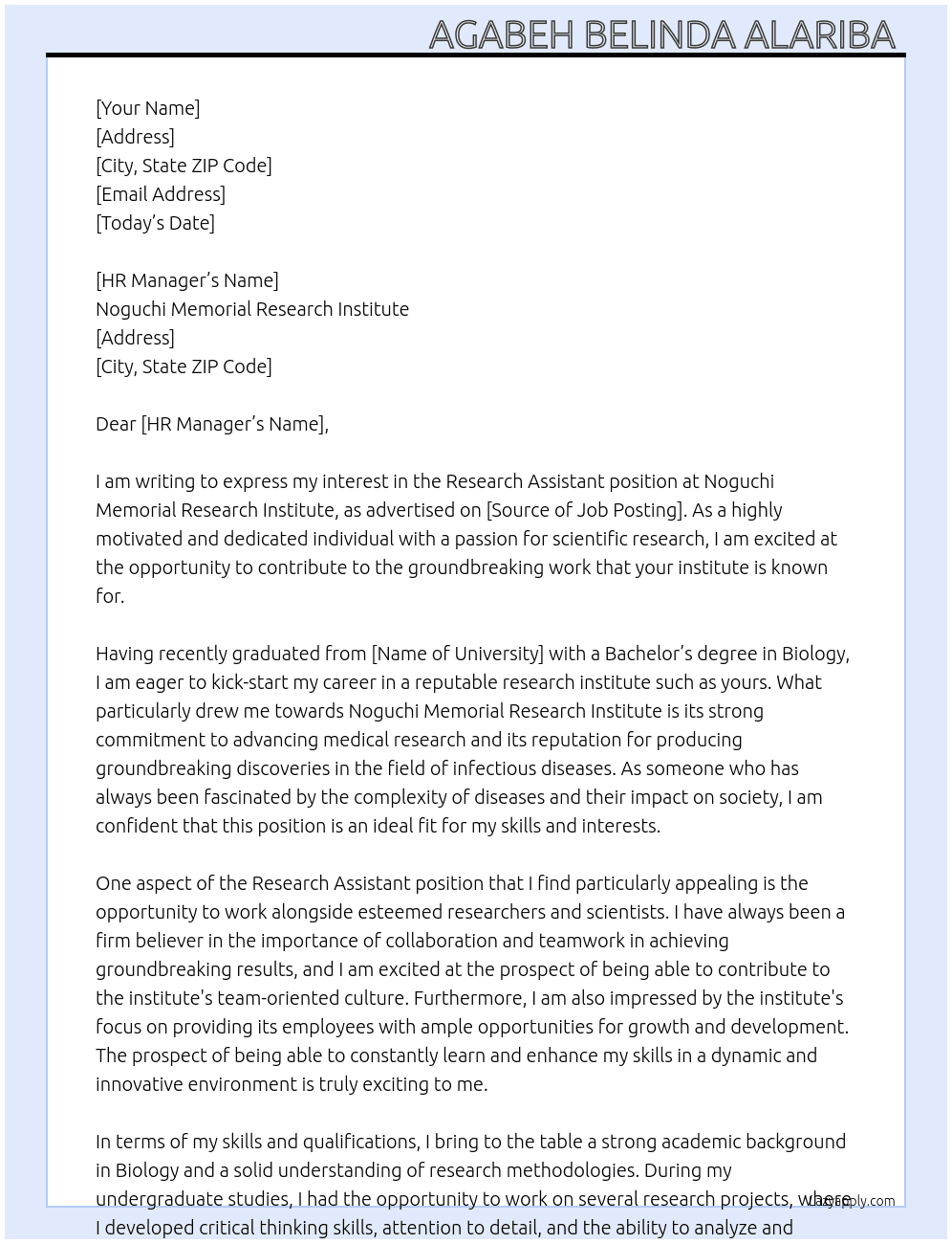 Research Assistant  At Noguchi memorial research Institute  Cover Letter