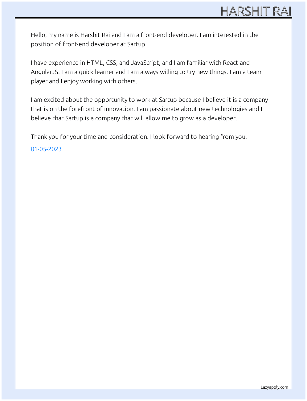 Front end developer At Sartup Cover Letter